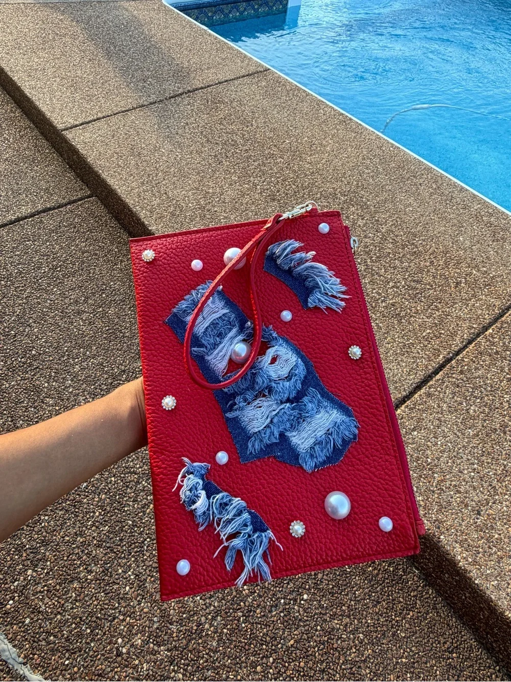 Red Pearl & Denim Patch Wristlet Clutch